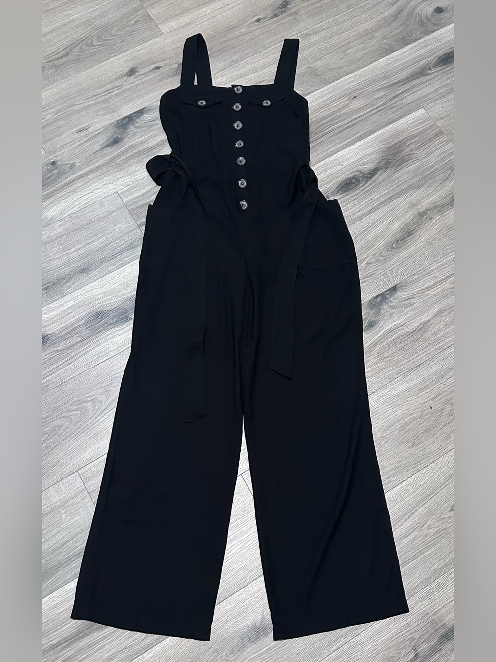 Haute Monde Black Wide-Leg Button-Front Jumpsuit with Waist Tie